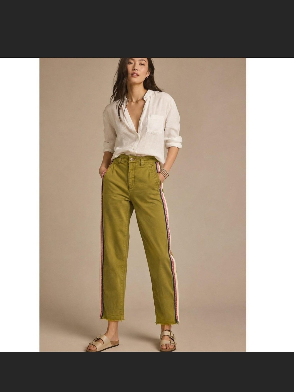 Urban Outfitters Wide-leg Cropped Khakis with Green Buttoned Side Stripe-32